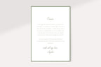 Bridesmaid proposal message card with a thin sage green border, personalised greeting and script sign-off on a white background. Matching printable letter reverse for a heartfelt photo bridal party proposal card.