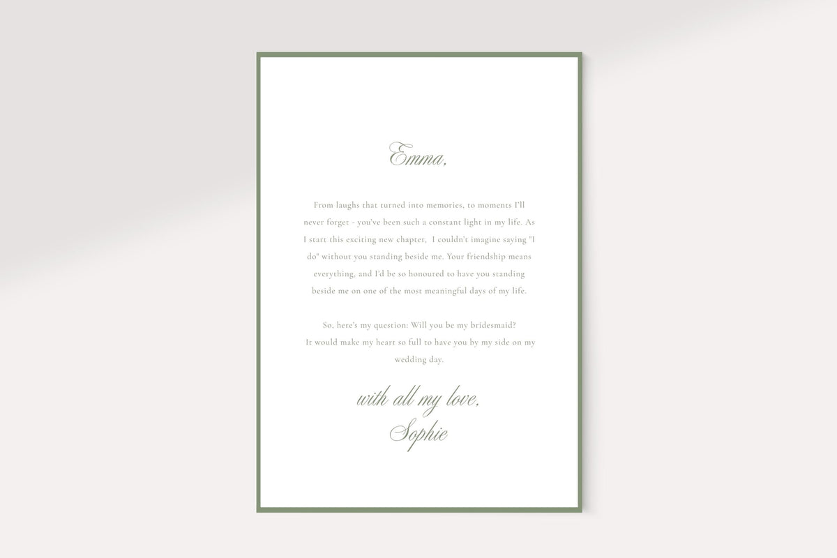 Bridesmaid proposal message card with a thin sage green border, personalised greeting and script sign-off on a white background. Matching printable letter reverse for a heartfelt photo bridal party proposal card.