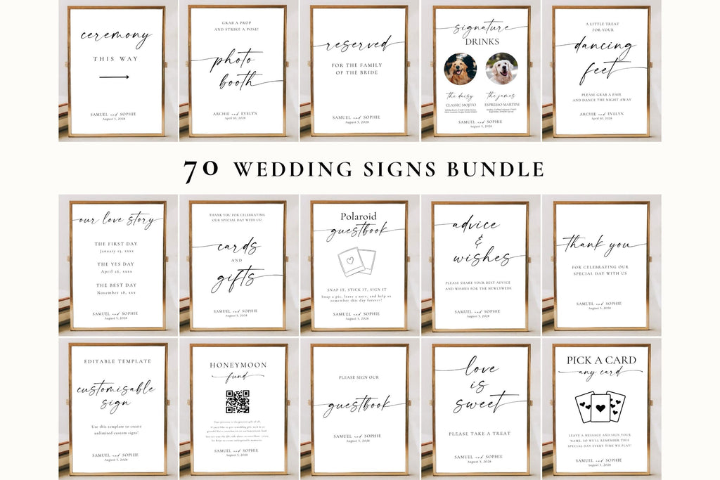 Minimalist wedding signs bundle mockup showing 70 editable Canva templates for modern wedding reception, bar, guestbook, and ceremony signage.