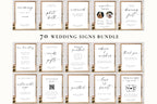 Minimalist wedding signs bundle mockup showing 70 editable Canva templates for modern wedding reception, bar, guestbook, and ceremony signage.