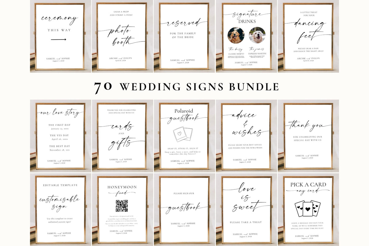 Minimalist wedding signs bundle mockup showing 70 editable Canva templates for modern wedding reception, bar, guestbook, and ceremony signage.
