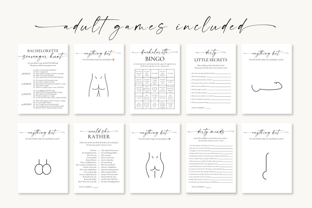 Editable bachelorette and bridal shower games overview – 10 fun and cheeky bachelorette activities included, minimalist printable Canva template pack, instant download.