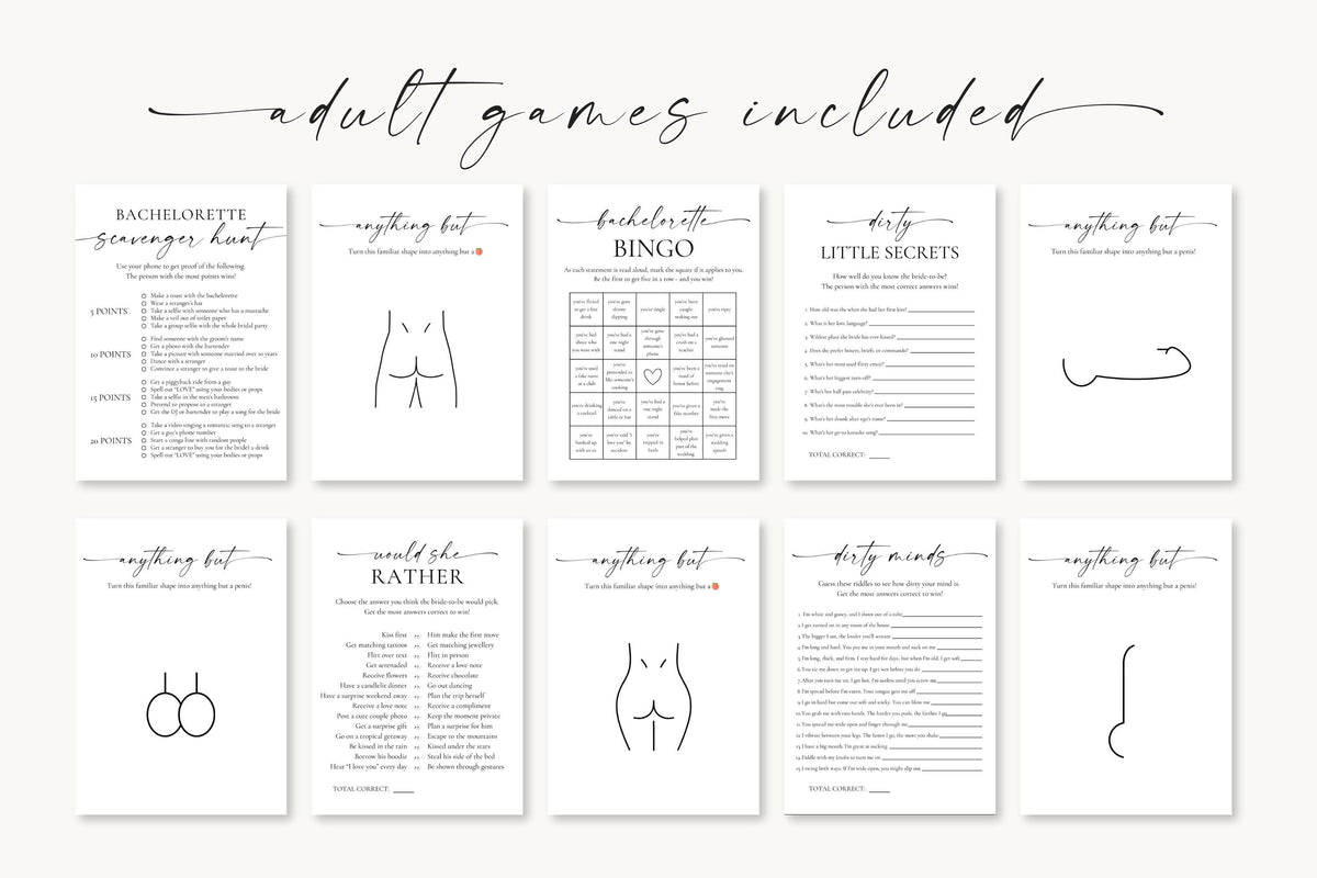Editable bachelorette and bridal shower games overview – 10 fun and cheeky bachelorette activities included, minimalist printable Canva template pack, instant download.