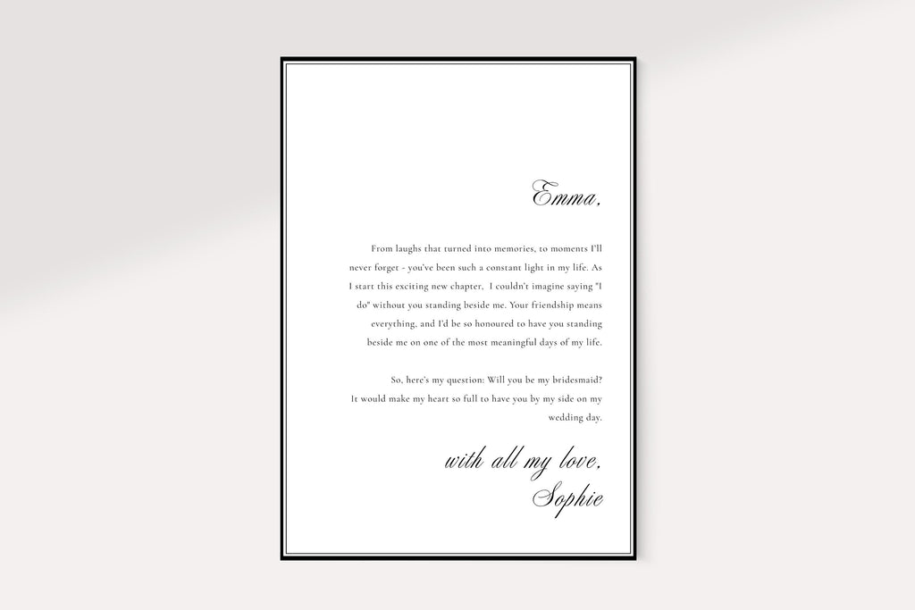 Back design of editable bridesmaid proposal card template, heartfelt bridesmaid proposal message, printable Canva wedding party card, elegant minimalist digital download