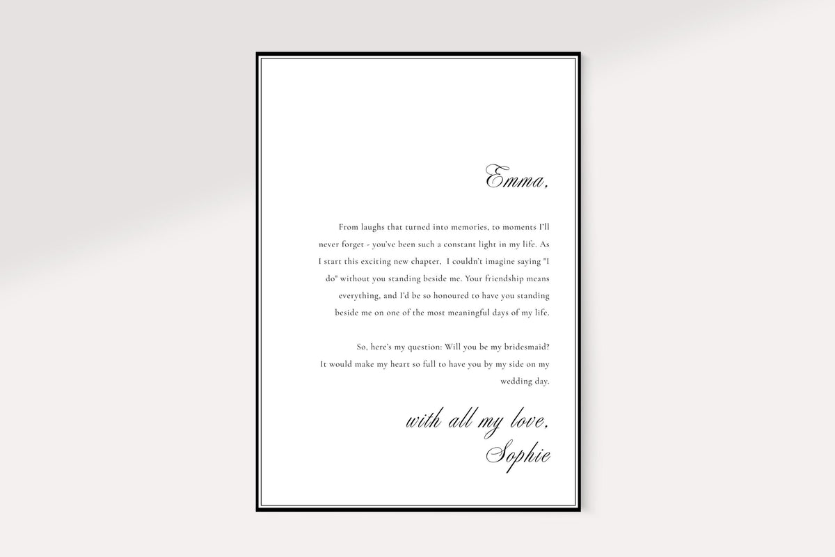Back design of editable bridesmaid proposal card template, heartfelt bridesmaid proposal message, printable Canva wedding party card, elegant minimalist digital download