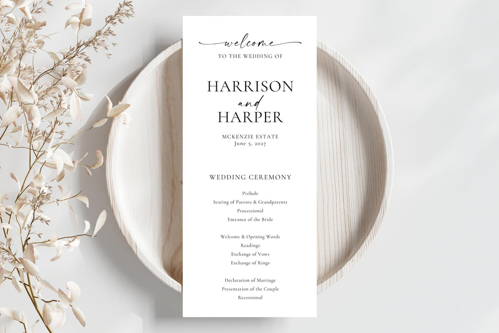 Minimal wedding ceremony program on plate with dried florals, clean and simple black and white order of service card, printable instant download