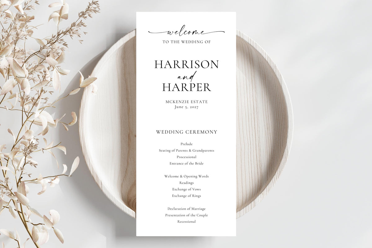 Minimal wedding ceremony program on plate with dried florals, clean and simple black and white order of service card, printable instant download