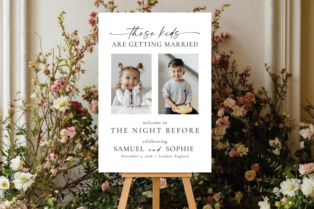 These Kids Are Getting Married sign template displayed on easel with floral backdrop, editable Canva rehearsal dinner welcome sign with photos, printable night before wedding sign
