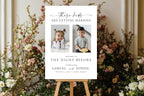 These Kids Are Getting Married sign template displayed on easel with floral backdrop, editable Canva rehearsal dinner welcome sign with photos, printable night before wedding sign