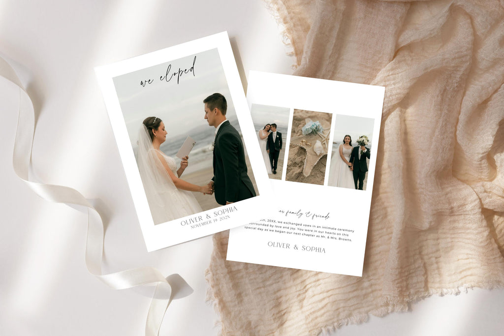 Editable we eloped announcement template displayed with chiffon ribbon and neutral wedding styling, printable elopement announcement card, modern wedding photo card template, minimalist newlywed announcement, editable Canva wedding announcement, luxury wedding stationery printable, instant download wedding announcement.