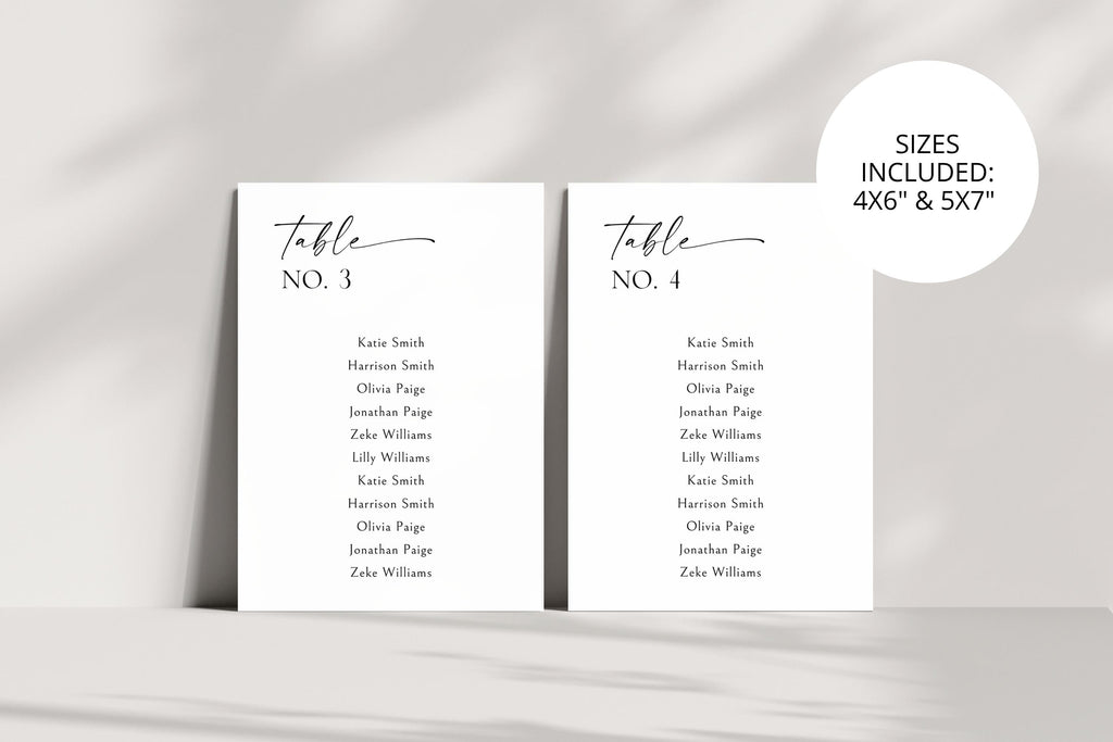 Minimalist wedding table seating signs in 4x6 and 5x7 sizes, editable wedding seating chart template bundle, modern reception table assignment printable signage