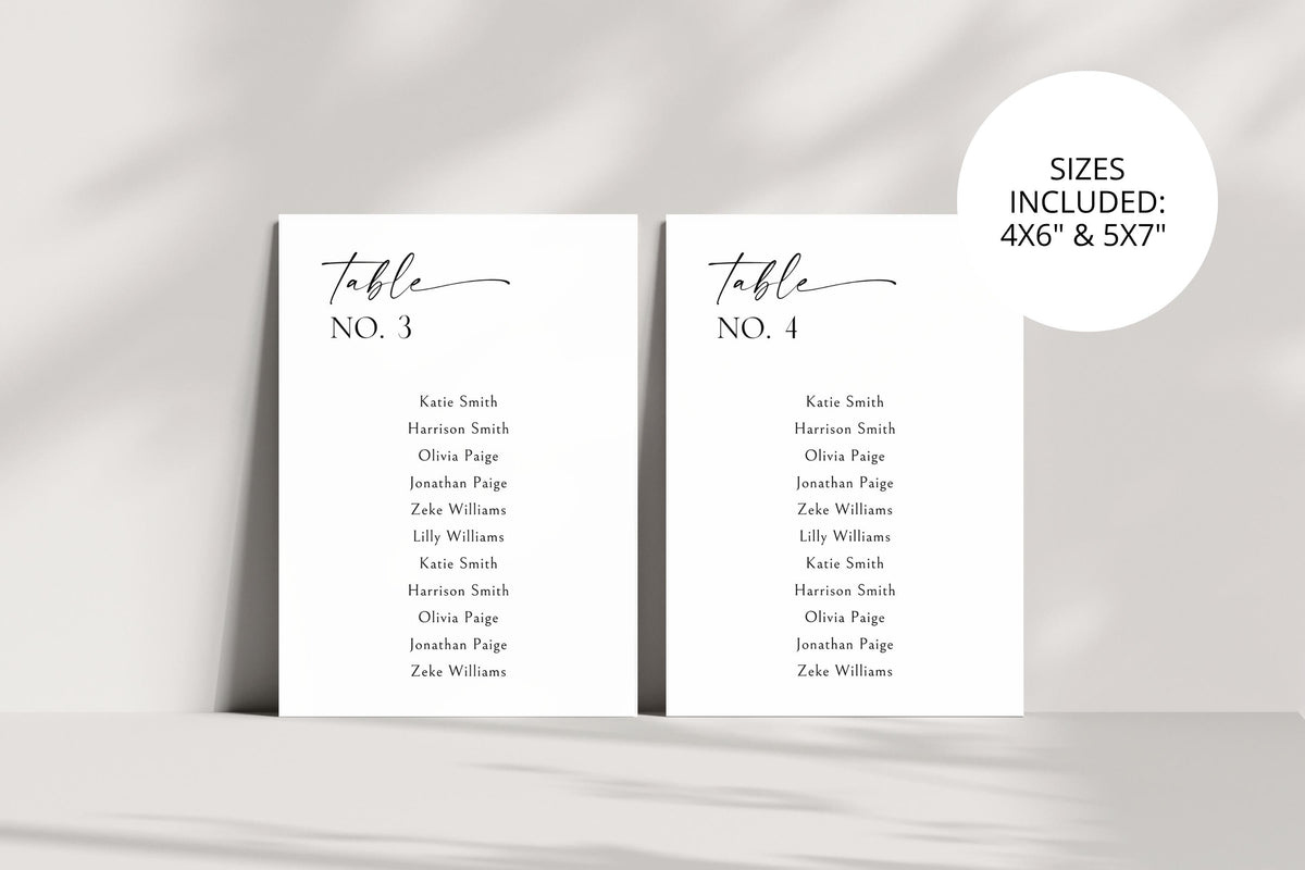 Minimalist wedding table seating signs in 4x6 and 5x7 sizes, editable wedding seating chart template bundle, modern reception table assignment printable signage