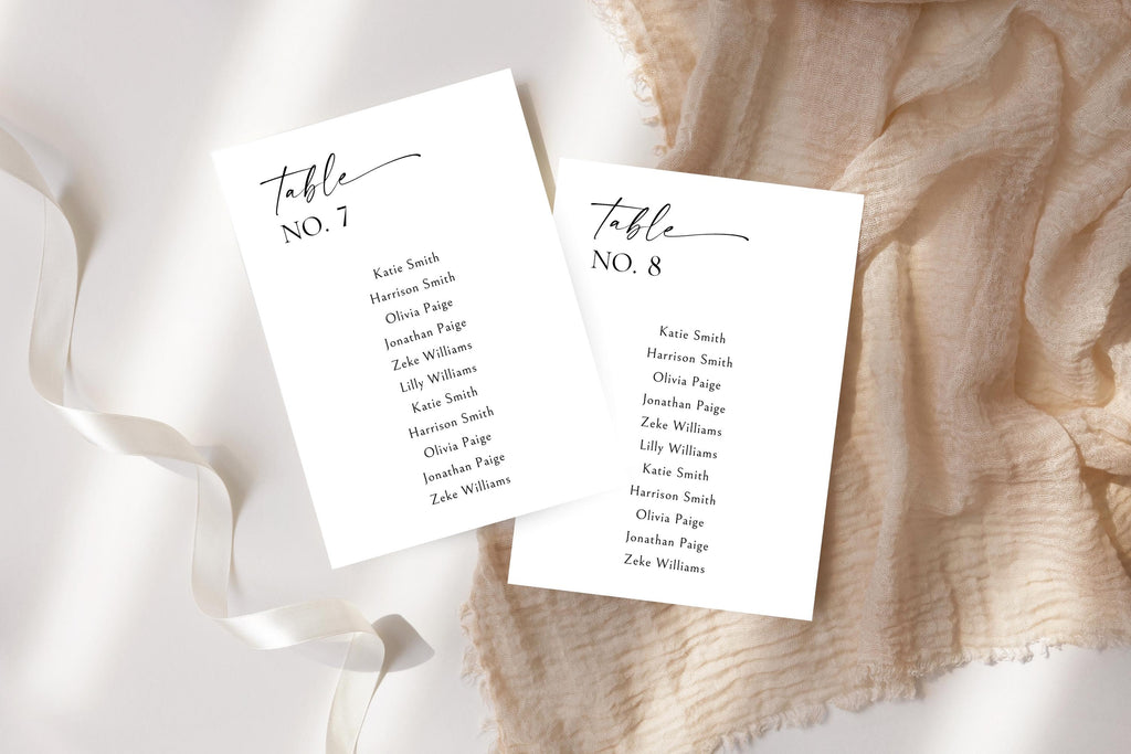 Neutral beige wedding seating chart cards flat lay mockup, editable table seating sign template, minimalist wedding signage printable with modern calligraphy font