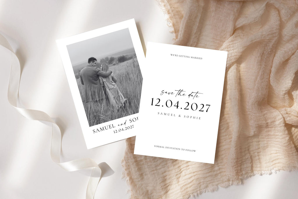 Modern minimalist wedding save the date Canva template with photo and editable text, displayed on soft fabric and ribbon flatlay, perfect for printable wedding announcement card.