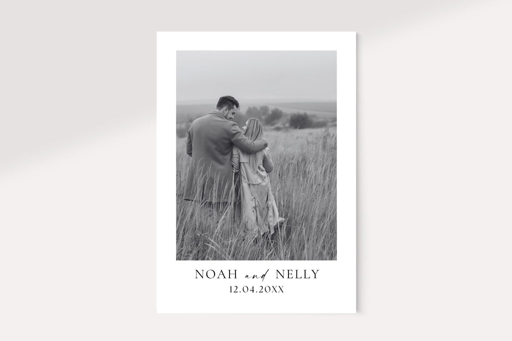 Black and white Save the Date wedding photo card template, editable Canva wedding announcement, printable minimalist Save the Date design