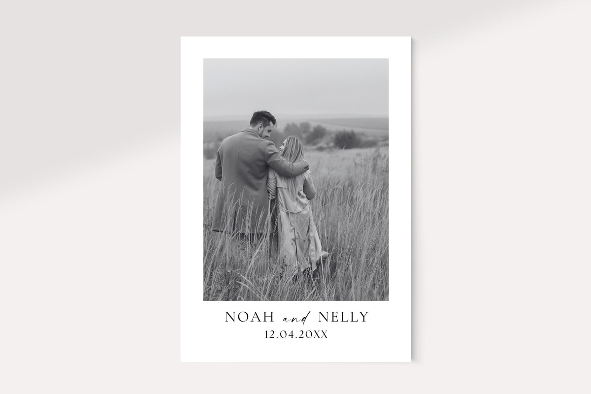 Black and white Save the Date wedding photo card template, editable Canva wedding announcement, printable minimalist Save the Date design