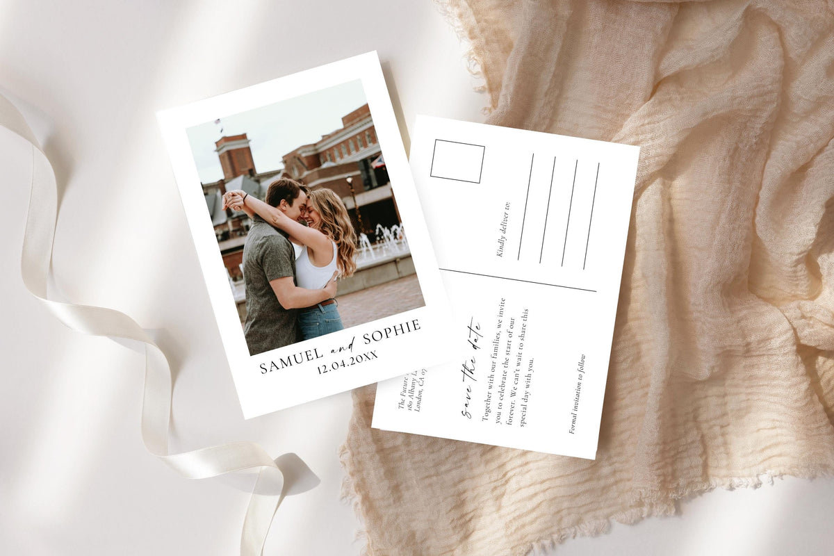 Minimalist photo save the date postcard template flat lay on linen background, featuring modern typography, neutral tones, and ribbon styling for printable wedding stationery