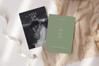 Romantic photo save the date wedding template with sage green reverse, styled on cream fabric with white ribbon, featuring elegant typography and a black and white couple photograph.