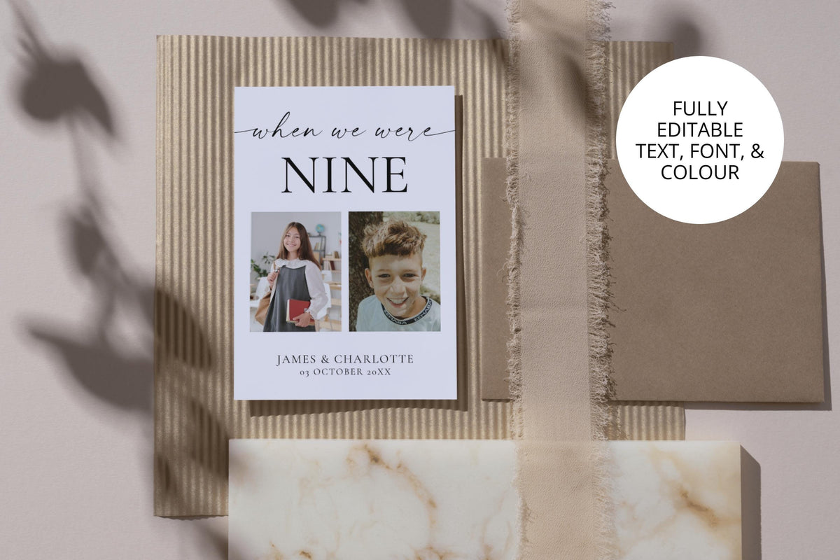 Minimalist printable table number sign with childhood photos, When We Were Age wedding reception table numbers, editable Canva template digital download