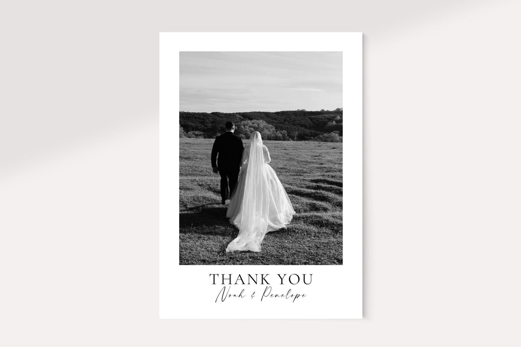 Modern minimalist black and white wedding thank you card with photo, editable Canva template, printable rustic wedding thank you note