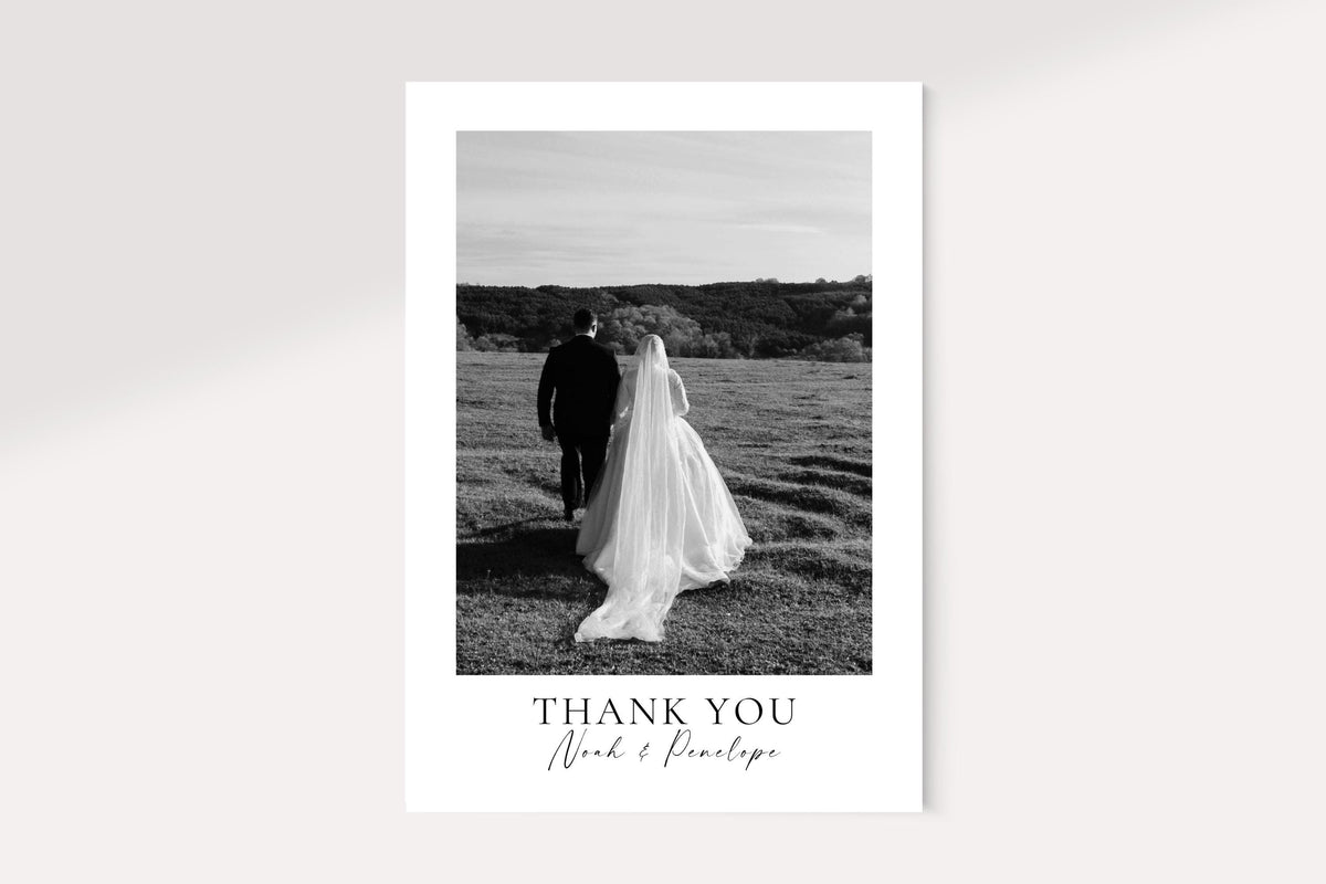 Modern minimalist black and white wedding thank you card with photo, editable Canva template, printable rustic wedding thank you note