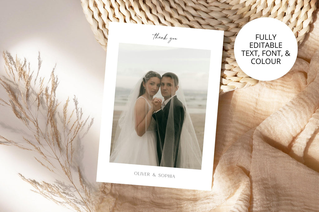 Editable wedding thank you photo card template Canva, pampas grass neutral aesthetic flatlay, modern minimalist thank you card printable, fully editable text font colour