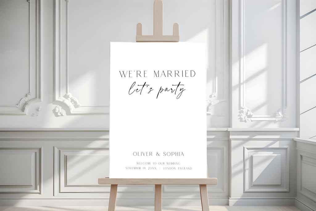Modern minimalist wedding welcome sign template, elegant editorial wedding sign mockup, black and white wedding decor printable, editable Canva wedding signage, luxury wedding entrance poster, sophisticated wedding reception sign