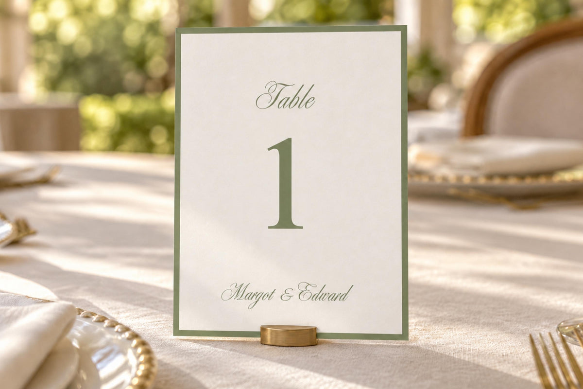 Sage green and ivory wedding table number card with a large serif numeral, delicate script and classic border, displayed in a small brass holder on a sunlit reception table with elegant place settings.
