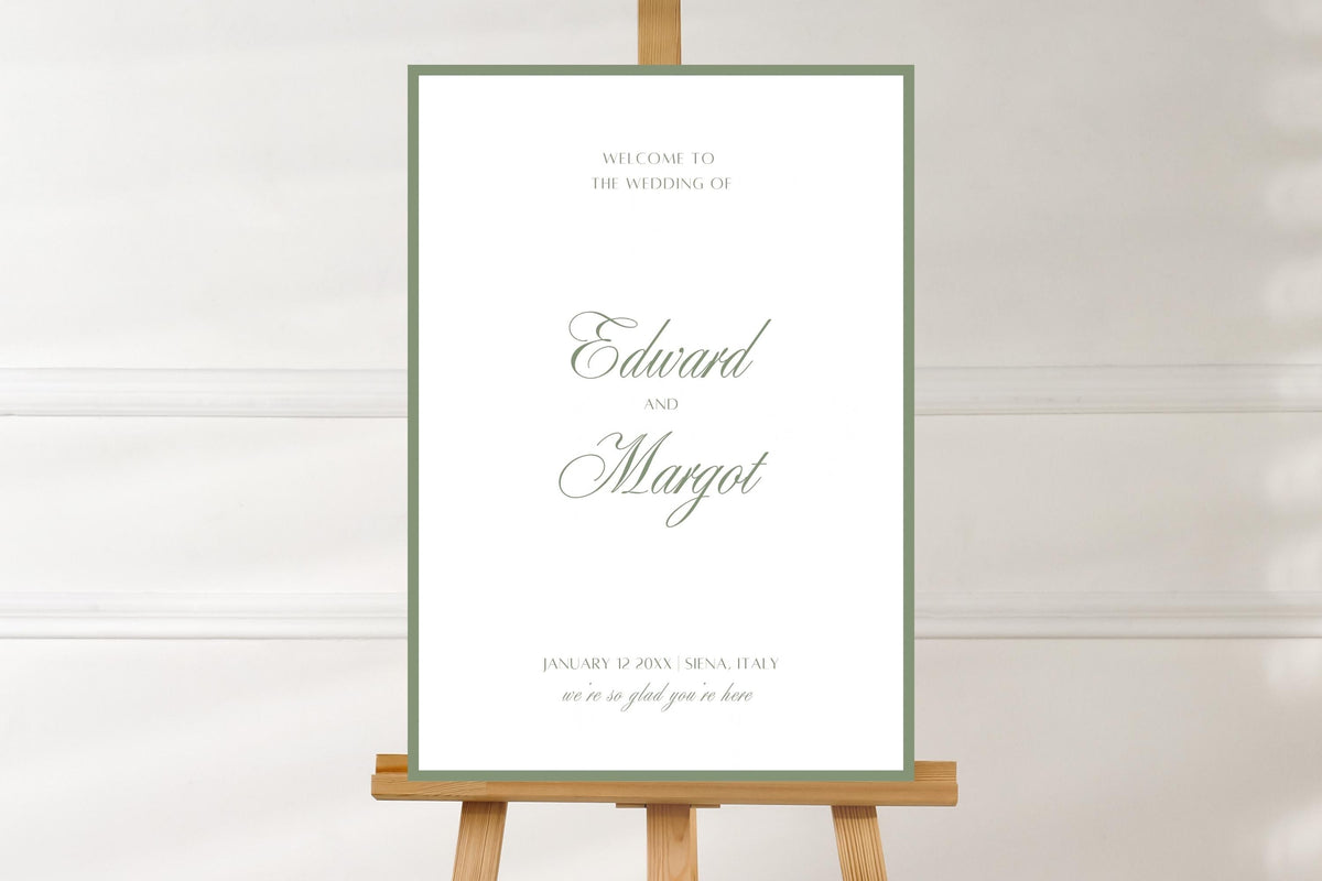 Minimalist sage green wedding welcome sign on a wooden easel against a neutral background. White portrait design with a delicate green border and elegant script names, ideal for classic romantic wedding entrance signage.