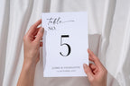 Hands holding minimalist wedding table number template – editable black and white Canva design, printable reception table signs for DIY wedding décor.
