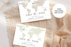 Two printable map save the date cards showing green and beige variations, editable Canva templates for elegant destination wedding stationery.