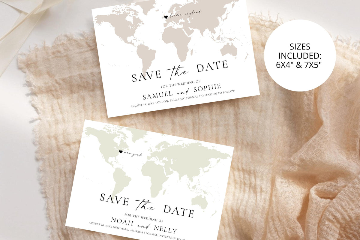 Two printable map save the date cards showing green and beige variations, editable Canva templates for elegant destination wedding stationery.