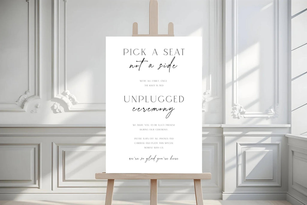 Editable unplugged ceremony sign in elegant white interior, modern wedding ceremony sign template, printable wedding entrance sign, pick a seat not a side wedding decor, minimalist Canva wedding sign download