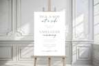 Editable unplugged ceremony sign in elegant white interior, modern wedding ceremony sign template, printable wedding entrance sign, pick a seat not a side wedding decor, minimalist Canva wedding sign download
