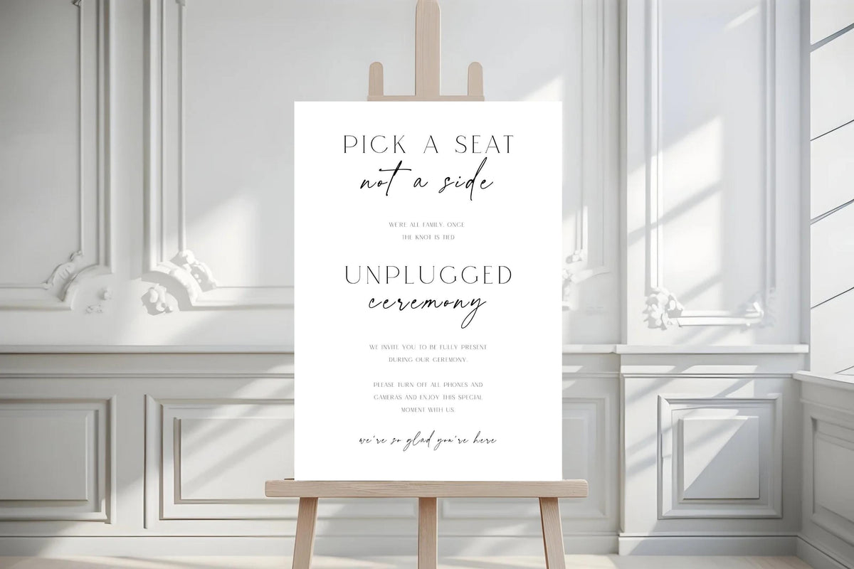 Editable unplugged ceremony sign in elegant white interior, modern wedding ceremony sign template, printable wedding entrance sign, pick a seat not a side wedding decor, minimalist Canva wedding sign download