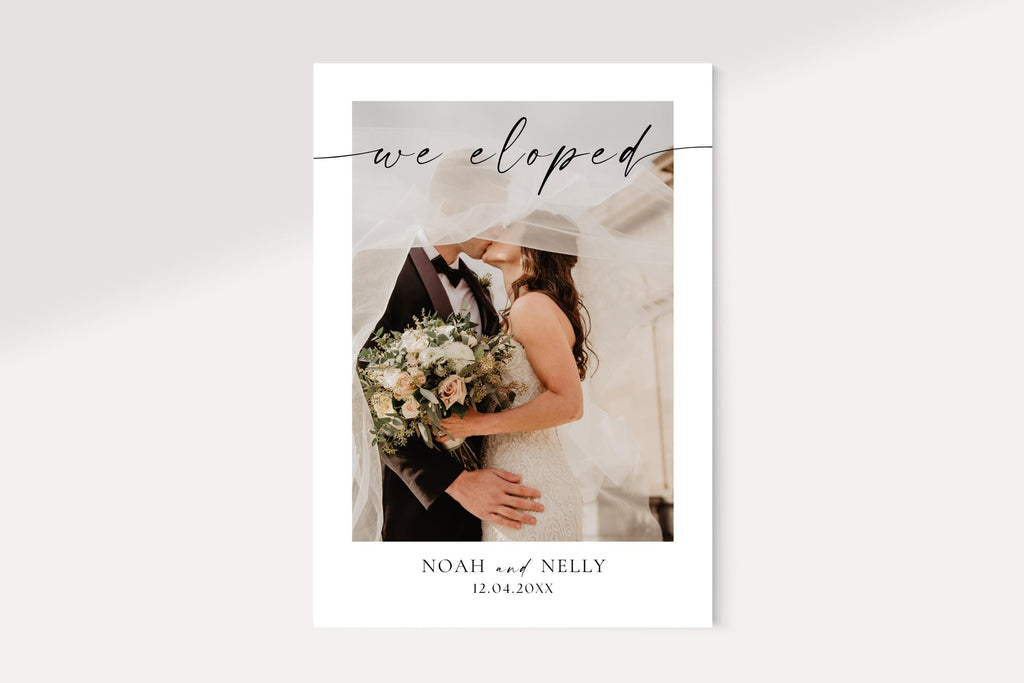 Editable we eloped photo announcement card, floral wedding announcement template, wildflower wedding Canva template, printable newlywed reveal card, romantic botanical wedding stationery, digital download