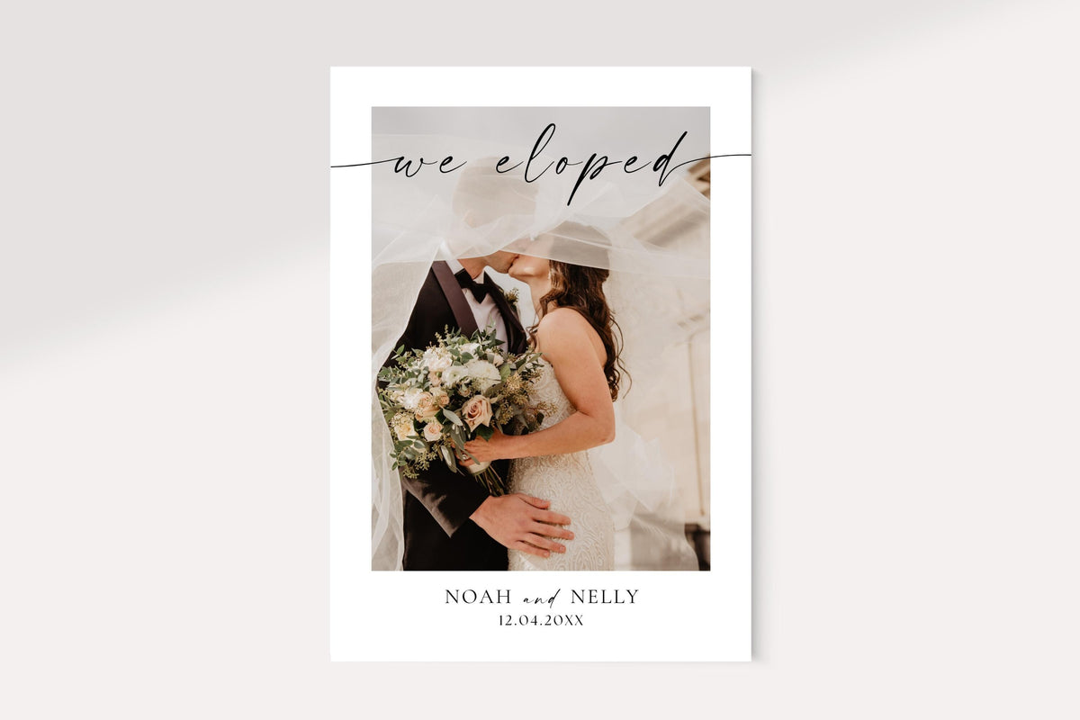 Editable we eloped photo announcement card, floral wedding announcement template, wildflower wedding Canva template, printable newlywed reveal card, romantic botanical wedding stationery, digital download