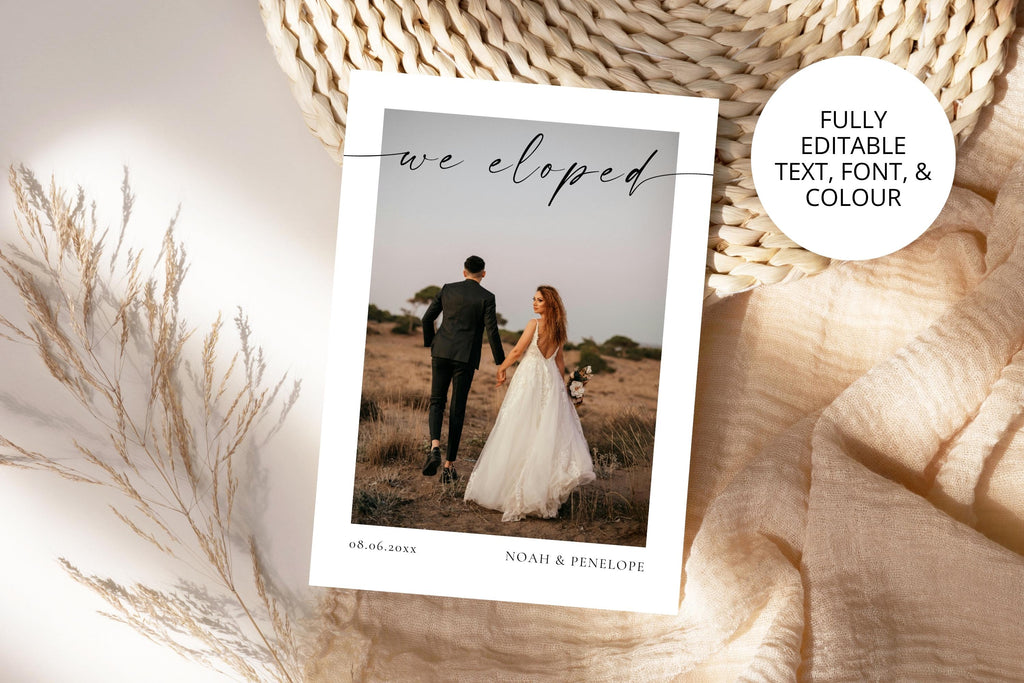 Elegant elopement announcement template with warm neutral tones, editable Canva wedding announcement, minimalist we eloped photo card displayed on linen fabric mockup