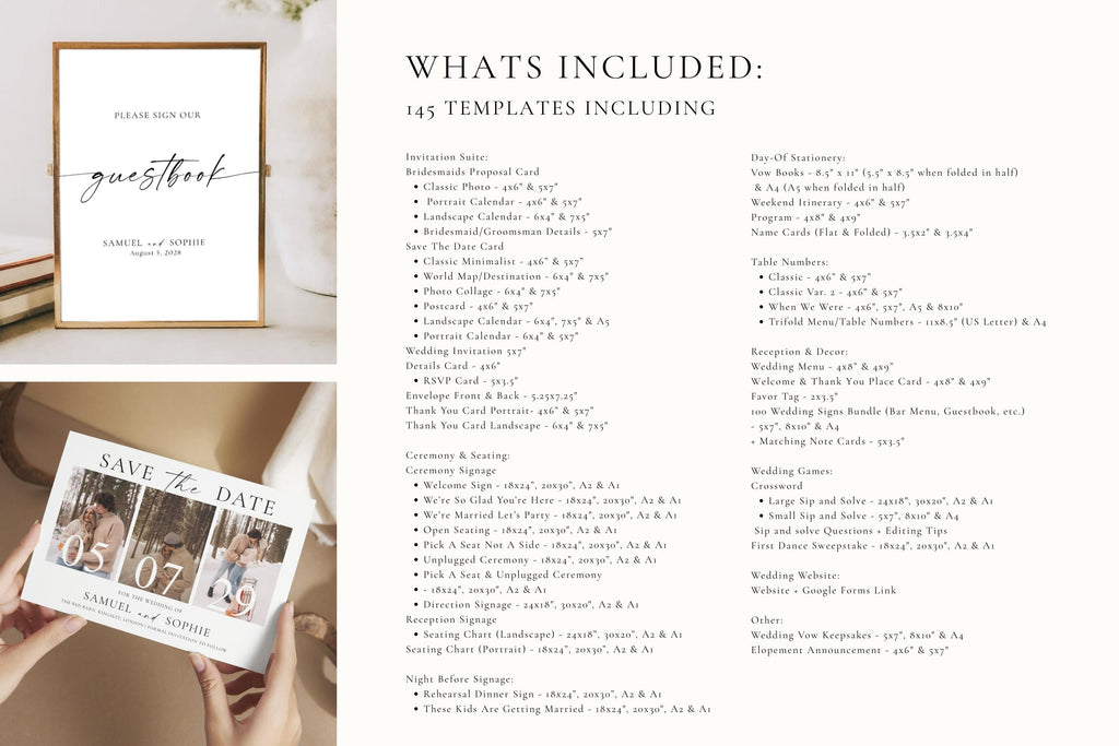 What’s included overview of minimalist wedding template bundle, list of editable Canva wedding invitations, signage and stationery templates included in digital download