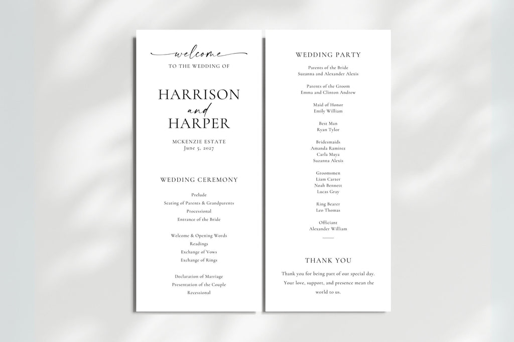 Minimalist wedding ceremony program and bridal party template displayed flat on white silk fabric, modern editable Canva design, printable itinerary set