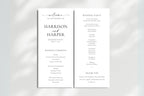 Minimalist wedding ceremony program and bridal party template displayed flat on white silk fabric, modern editable Canva design, printable itinerary set