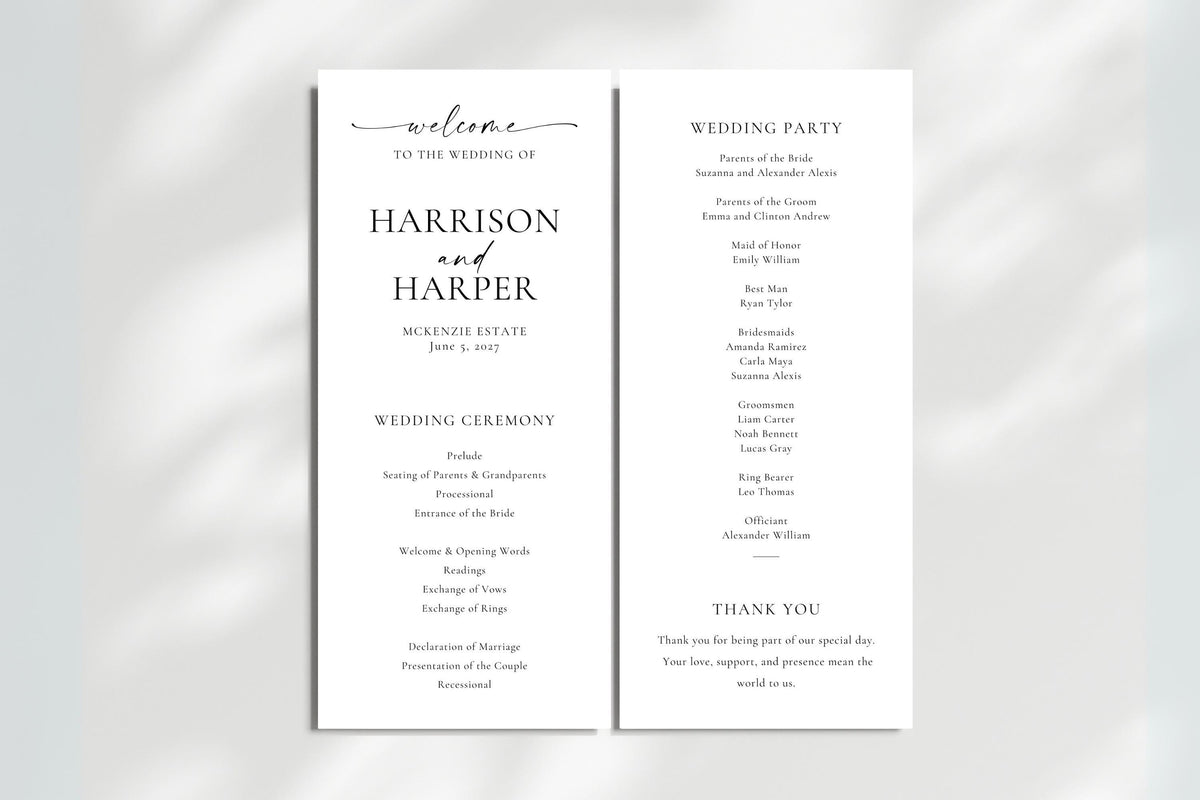 Minimalist wedding ceremony program and bridal party template displayed flat on white silk fabric, modern editable Canva design, printable itinerary set