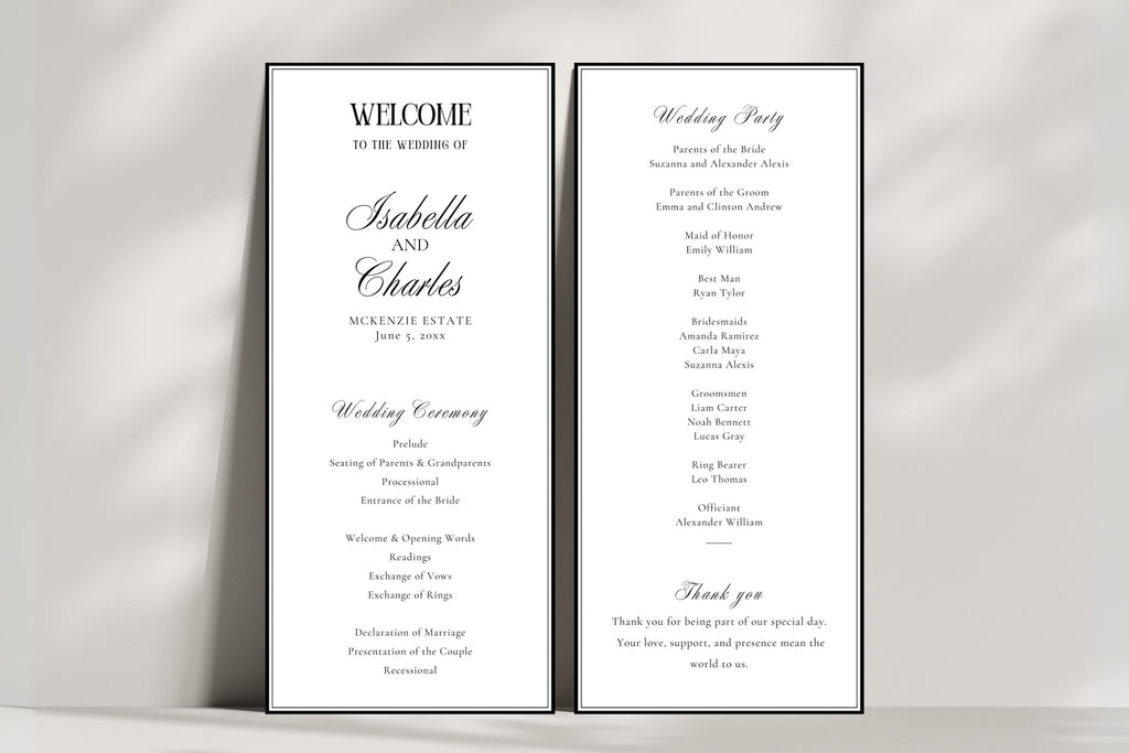 Wedding welcome booklet template editable in Canva featuring itinerary, seating chart and wedding weekend schedule, elegant wedding welcome guide
