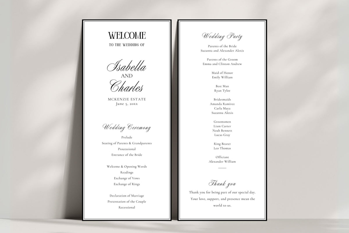 Wedding welcome booklet template editable in Canva featuring itinerary, seating chart and wedding weekend schedule, elegant wedding welcome guide