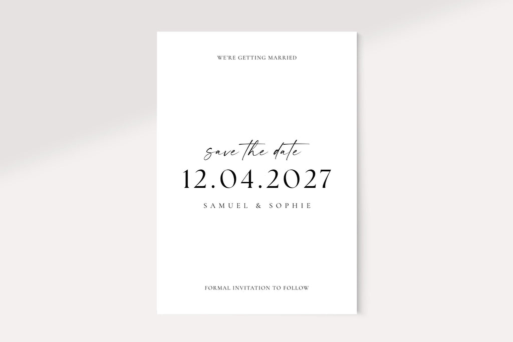 Simple classic save the date wedding template in Canva with bold date typography, printable minimalist design for couples, formal invitation to follow included.