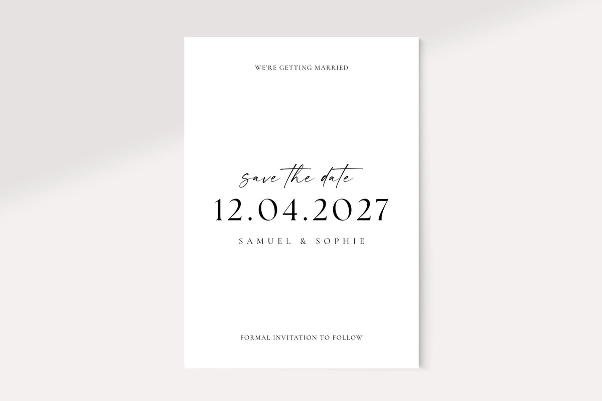 Simple classic save the date wedding template in Canva with bold date typography, printable minimalist design for couples, formal invitation to follow included.