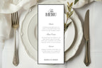 Luxury old money wedding menu card on layered white and cream plates with silk fabric, editable 4x9 tall wedding menu template in serif and script fonts, printable classic reception menu.