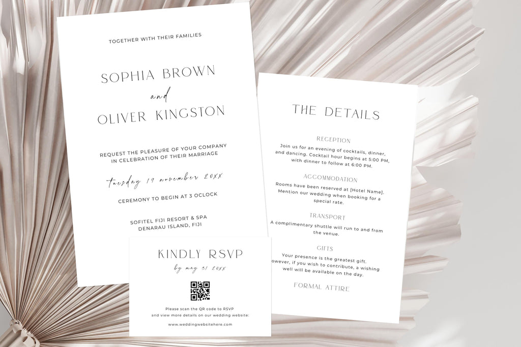 Elegant beige wedding invitation template set with RSVP card, minimalist printable wedding stationery suite, modern editable Canva wedding invite bundle, luxury neutral wedding invitation design