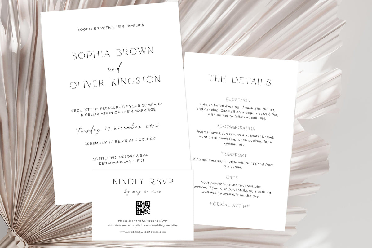 Elegant beige wedding invitation template set with RSVP card, minimalist printable wedding stationery suite, modern editable Canva wedding invite bundle, luxury neutral wedding invitation design