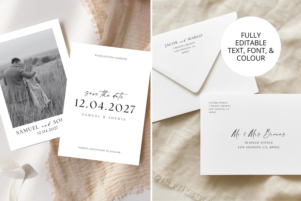 Modern minimalist wedding invitation suite with save the date, RSVP, and envelope template shown on neutral background
